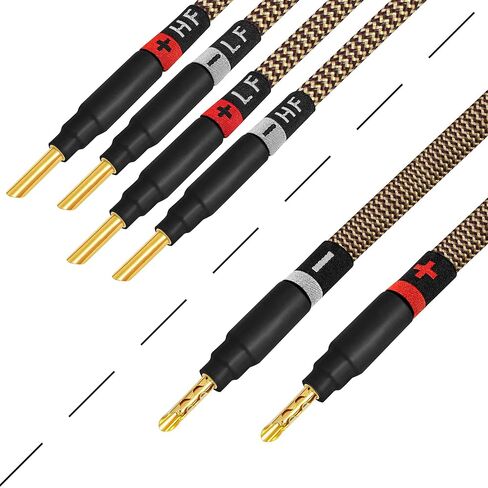 WORLDS BEST CABLES 25 Foot Ultimate - 7 AWG - Ultra-Pure OFC – Extra Premium Audiophile HiFi Bi-Wire Speaker Cable Pair with Eminence Gold Banana Plugs & TnBrwn Tweed Jacket in Kuwait