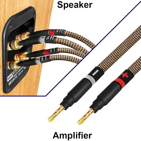 WORLDS BEST CABLES 25 Foot Ultimate - 7 AWG - Ultra-Pure OFC – Extra Premium Audiophile HiFi Bi-Wire Speaker Cable Pair with Eminence Gold Banana Plugs & TnBrwn Tweed Jacket in Kuwait