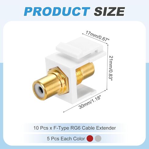 MECCANIXITY 10 Pcs RCA Coaxial Cable Connector,RG6 Female to Female Wall Plate Key-Stone Jack Insert Cable Extender for Wall Plate and Patch Panel Outlet Panel Mount, Gold in Kuwait