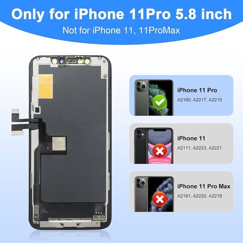 استبدال شاشة iPhone 11 Pro LCD مقاس 5.8 بوصة - مجموعة محول رقمي لشاشة تعمل باللمس ثلاثية الأبعاد مع مجموعة أدوات إصلاح كاملة، متوافقة تمامًا مع موديلات iPhone 11 Pro (A2160، A2215، A2217) in Kuwait