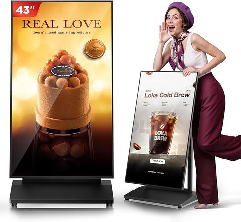 43 Inch Digital Signage Display, 4K 800 Nits UHD Full Screen LCD Advertising Kiosk, Portable Floor Standing Auto AD Player Android14 App-Based Control with USB/HDMI/WiFi in Kuwait