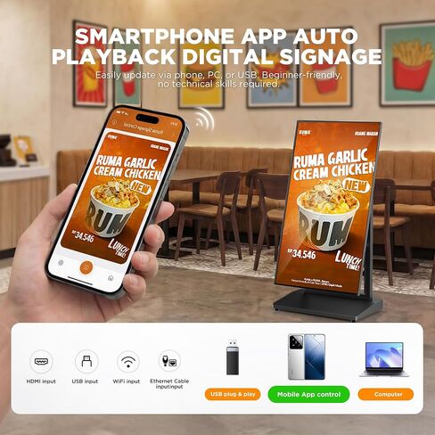 43 Inch Digital Signage Display, 4K 800 Nits UHD Full Screen LCD Advertising Kiosk, Portable Floor Standing Auto AD Player Android14 App-Based Control with USB/HDMI/WiFi in Kuwait