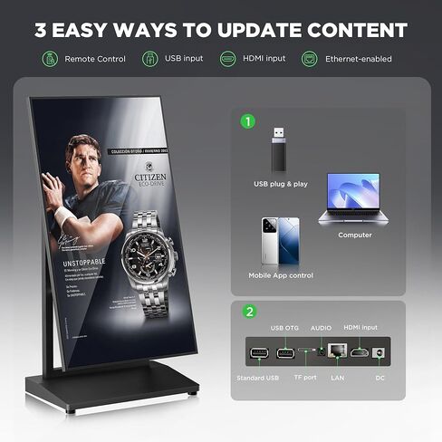 43 Inch Digital Signage Display, 4K 800 Nits UHD Full Screen LCD Advertising Kiosk, Portable Floor Standing Auto AD Player Android14 App-Based Control with USB/HDMI/WiFi in Kuwait