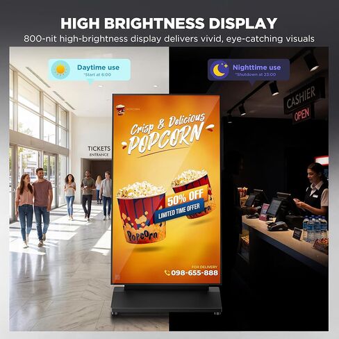 43 Inch Digital Signage Display, 4K 800 Nits UHD Full Screen LCD Advertising Kiosk, Portable Floor Standing Auto AD Player Android14 App-Based Control with USB/HDMI/WiFi in Kuwait