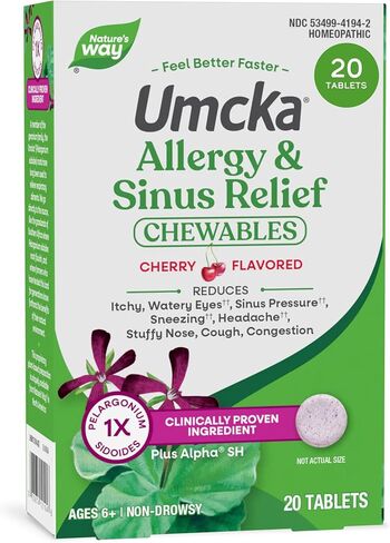 Nature's Way Umcka Allergy+Sinus Homeopathic, Sneezing, Runny Nose, Congestion, and Sinus Pressure**, Phenylephrine Free, Non-Drowsy, Cherry Flavored, 20 Chewable Tablets in Saudi Arabia