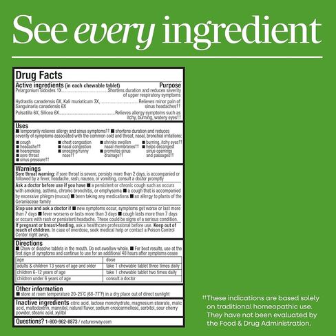 Nature's Way Umcka Allergy+Sinus Homeopathic, Sneezing, Runny Nose, Congestion, and Sinus Pressure**, Phenylephrine Free, Non-Drowsy, Cherry Flavored, 20 Chewable Tablets in Saudi Arabia