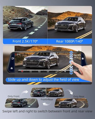 2.5K Mirror Dash Cam with Carplay&Android Auto,10" Rear View Mirror Camera for Cars/Trucks with Voice Control/ 64GB Card/Touch Screen/Parking Monitor/Reverse Assist/Dual Loop Record/WDR Tech in Kuwait