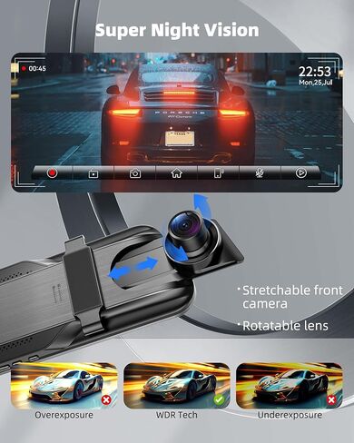 2.5K Mirror Dash Cam with Carplay&Android Auto,10" Rear View Mirror Camera for Cars/Trucks with Voice Control/ 64GB Card/Touch Screen/Parking Monitor/Reverse Assist/Dual Loop Record/WDR Tech in Kuwait