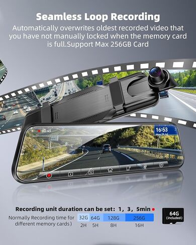 2.5K Mirror Dash Cam with Carplay&Android Auto,10" Rear View Mirror Camera for Cars/Trucks with Voice Control/ 64GB Card/Touch Screen/Parking Monitor/Reverse Assist/Dual Loop Record/WDR Tech in Kuwait