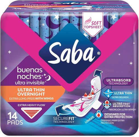 Saba Ultra Invisible Ultra Thin Overnight Pads with Wings, 112 Count (8 Packs of 14) in Saudi Arabia