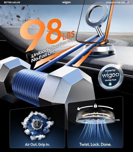 حامل هاتف سيارة مطور من Wigoo 2026 لـ Magsafe [98LBS شفط ومغناطيس 3000gf] حامل سيارة قابل للتعديل 360 درجة، حامل هاتف محمول لسيارتك، لهاتف iPhone 17 Pro Max 16 15 14 13 12 Plus، ألياف الكربون in Kuwait