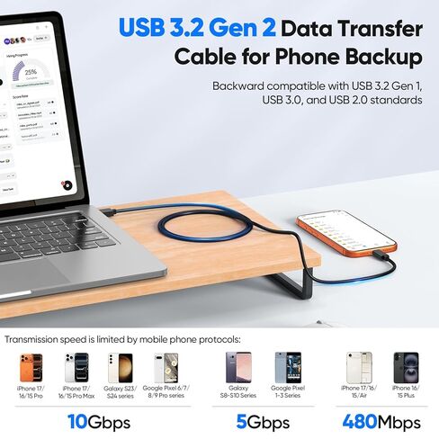 كابل نقل البيانات USB إلى النوع C 3 أقدام 2 حزمة، 10 جيجابت في الثانية USB C 3.2 Gen 2 سلك نقل عالي السرعة، USB-A إلى USB-C 3A كابلات شحن سريعة لأجهزة SSD المحمولة Android Auto iPhone 17/16/15، Galaxy S25/24 in Kuwait