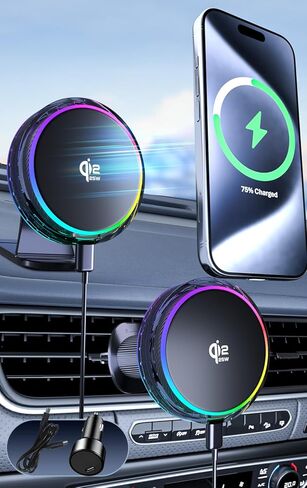25W MagSafe Compatible Car Mount Charger with Air-Cooled, 3500gf Magnetic Phone Holder for iPhone and Android, Dash Air Vent with Rainbow Ambient Light Valentines Day Gifts in Kuwait