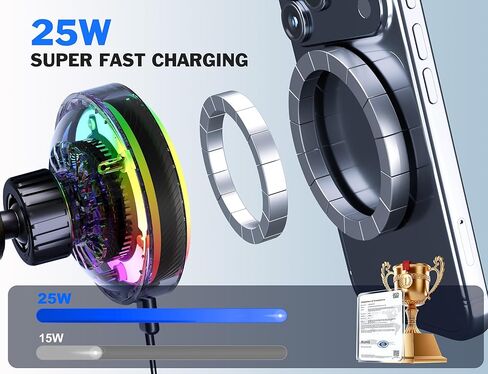 25W MagSafe Compatible Car Mount Charger with Air-Cooled, 3500gf Magnetic Phone Holder for iPhone and Android, Dash Air Vent with Rainbow Ambient Light Valentines Day Gifts in Kuwait
