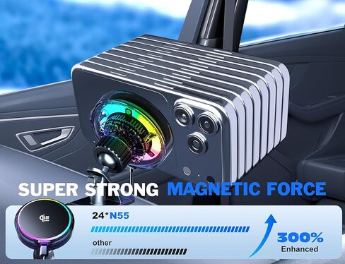 25W MagSafe Compatible Car Mount Charger with Air-Cooled, 3500gf Magnetic Phone Holder for iPhone and Android, Dash Air Vent with Rainbow Ambient Light Valentines Day Gifts in Kuwait
