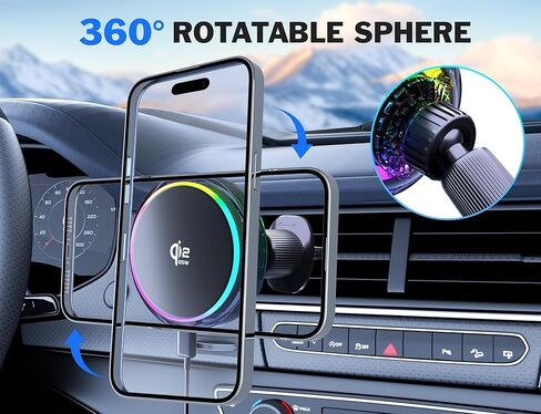 25W MagSafe Compatible Car Mount Charger with Air-Cooled, 3500gf Magnetic Phone Holder for iPhone and Android, Dash Air Vent with Rainbow Ambient Light Valentines Day Gifts in Kuwait