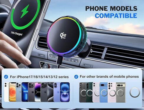 25W MagSafe Compatible Car Mount Charger with Air-Cooled, 3500gf Magnetic Phone Holder for iPhone and Android, Dash Air Vent with Rainbow Ambient Light Valentines Day Gifts in Kuwait