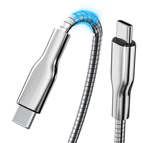 كابل شحن USB C إلى USB C مضاد للمضغ للحيوانات الأليفة، أسلاك شحن معدنية مضفرة بطول 6 أقدام من النوع C، شحن سريع 60 وات ومزامنة البيانات لسلك شاحن iPhone 17/16/15، فضي in Kuwait
