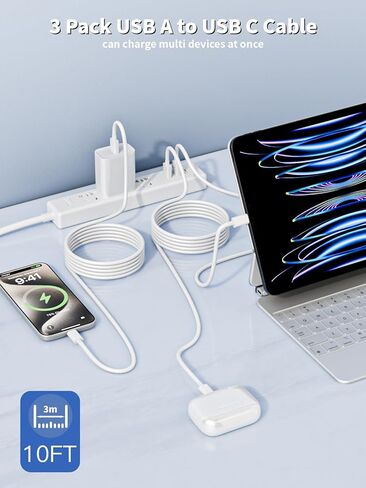 سلك شاحن iPhone 17 3 حزم كابل Apple USB C شحن سريع من النوع C شاحن كابل USB A إلى C بطول 10 أقدام متوافق مع iPhone 17e/17 ProMax/Air/16/16e/15/15 Plus، iPad Mini/Pro/Air، AirPods Pro 2/3/Max in Kuwait