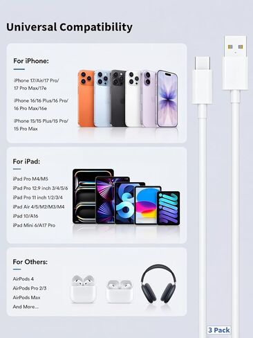 سلك شاحن iPhone 17 3 حزم كابل Apple USB C شحن سريع من النوع C شاحن كابل USB A إلى C بطول 10 أقدام متوافق مع iPhone 17e/17 ProMax/Air/16/16e/15/15 Plus، iPad Mini/Pro/Air، AirPods Pro 2/3/Max in Kuwait