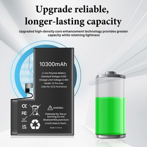 [10300mAh] Battery for iPhone 12 Pro Max, Upgraded Higher Capacity Battery Replacement for iPhone 12 Pro Max A2410 A2411 A2412 A2342 with Repair Tools Kit in Kuwait