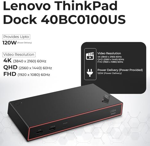Lenovo 40BC0100US USB4 Smart Dock 5500 لأجهزة الكمبيوتر المحمولة مع محول 135 واط وHDMI ومنفذ DisplayPort وكابلات USB C وقماش - محطة إرساء in Kuwait