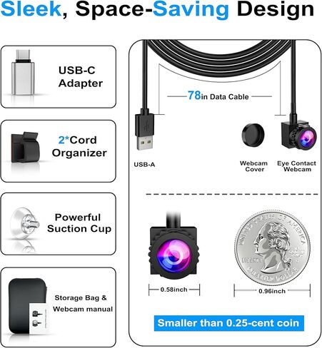 Eye Contact 1080P Webcam with Microphone Center Screen Webcam USB C/A for PC and Laptop, Middle Screen Camera Adjustable Focus, Center Cam for Windows/macOS 02 in Kuwait