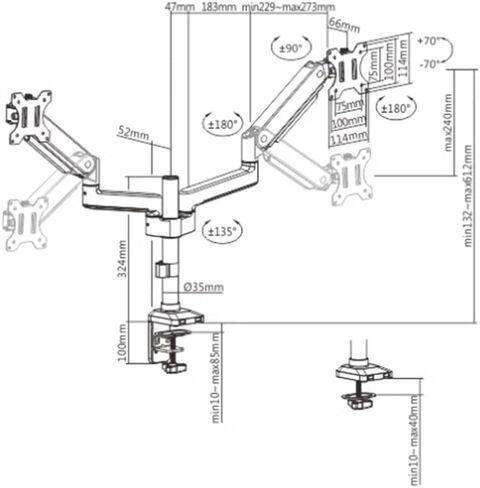 Adjustable Screen Mount,17-35 Inch Dual Monitor Mount, 2 Monitors Tilt/Swivel/Rotate, Hold Up to 24.2 Lbs Per Arm with 75/100 Mm Monitors Arm in Kuwait