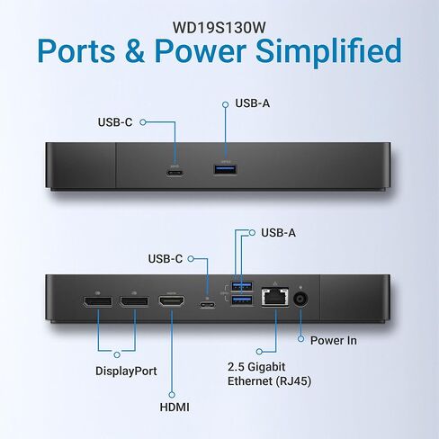 قاعدة إرساء WD19S بقدرة 130 وات USB-C، شاشة مزدوجة 4K 60 هرتز، Latitude Precision XPS، توصيل طاقة 130 وات، 5 منافذ USB، جيجابت إيثرنت، HDMI 2 DisplayPort (WD19S130W) in Kuwait