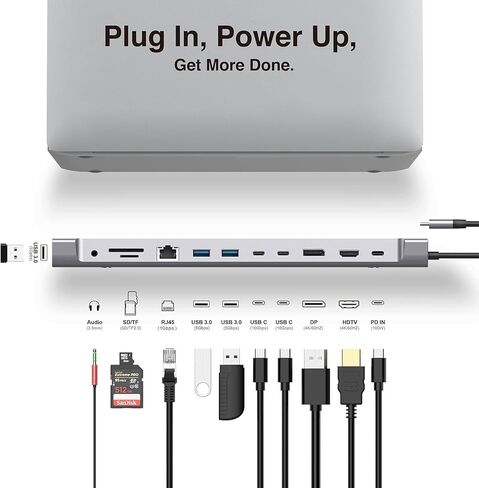قاعدة توصيل USB C 12 في 1 شاشة مزدوجة HDTV، 4K DP، USB 3.0، 100W PD، RJ45، قارئ SD/TF، ​​قاعدة كمبيوتر محمول عالمية لأجهزة MacBook Pro/Air، Dell، HP، Surface، Lenovo، التوصيل والتشغيل in Kuwait