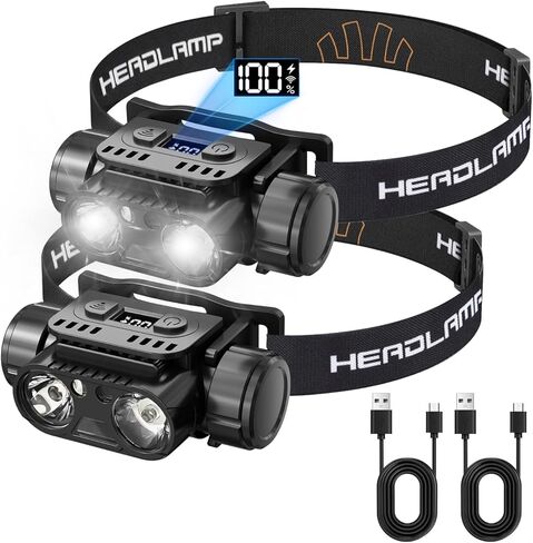 KINGBRO 2-Pack Rechargeable Headlamp, 1200 Lumens LED Head Light with Motion Sensor, USB-C Fast Charge, 45° Adjustable, 7 Modes with Red Light, IPX4 Waterproof for Running, Camping, Hard Hat in Kuwait