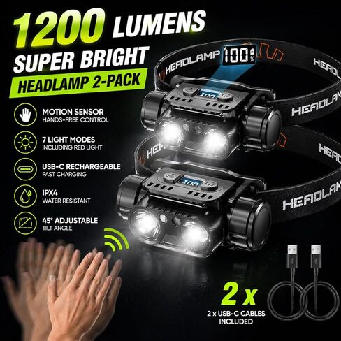 KINGBRO 2-Pack Rechargeable Headlamp, 1200 Lumens LED Head Light with Motion Sensor, USB-C Fast Charge, 45° Adjustable, 7 Modes with Red Light, IPX4 Waterproof for Running, Camping, Hard Hat in Kuwait