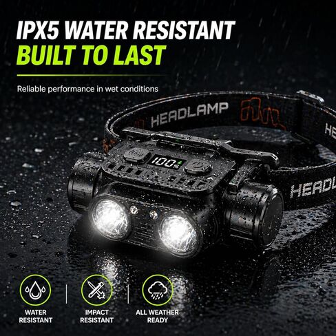 KINGBRO 2-Pack Rechargeable Headlamp, 1200 Lumens LED Head Light with Motion Sensor, USB-C Fast Charge, 45° Adjustable, 7 Modes with Red Light, IPX4 Waterproof for Running, Camping, Hard Hat in Kuwait