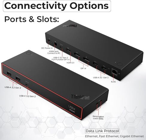 محطة إرساء الكمبيوتر المحمول Lenovo 40BC0135US USB4 Smart Dock 5500 مع كابل USB4 مدمج، ومخرج فيديو HDMI 2.1 وDisplayPort 1.4، ومنافذ USB-A وUSB-C متعددة، جيجابت إيثرنت، توصيل طاقة 100 وات in Kuwait