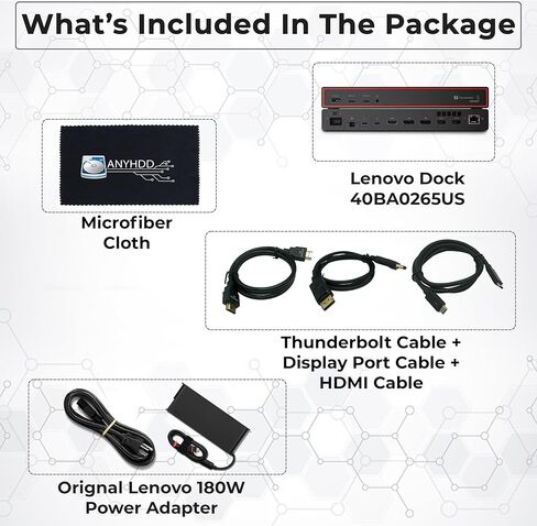 محطة إرساء Lenovo 40BA0265US Thunderbolt 4 40 جيجابت في الثانية 100 واط توصيل طاقة USB مع محول 135 واط، HDMI، منفذ DisplayPort، كابلات Thunderbolt وقماش - محطة إرساء in Kuwait