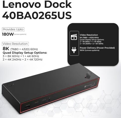 محطة إرساء Lenovo 40BA0265US Thunderbolt 4 40 جيجابت في الثانية 100 واط توصيل طاقة USB مع محول 135 واط، HDMI، منفذ DisplayPort، كابلات Thunderbolt وقماش - محطة إرساء in Kuwait