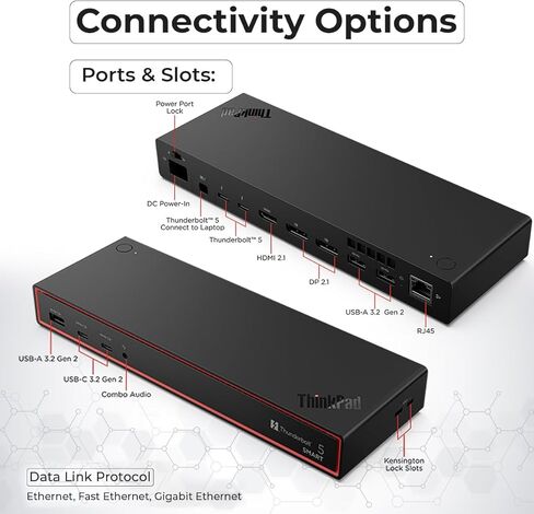 محطة إرساء Lenovo 40BA0265US Thunderbolt 4 40 جيجابت في الثانية 100 واط توصيل طاقة USB مع محول 135 واط، HDMI، منفذ DisplayPort، كابلات Thunderbolt وقماش - محطة إرساء in Kuwait