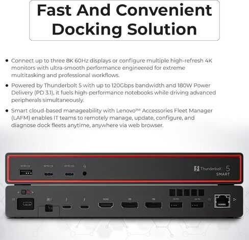 محطة إرساء Lenovo 40BA0265US Thunderbolt 4 40 جيجابت في الثانية 100 واط توصيل طاقة USB مع محول 135 واط، HDMI، منفذ DisplayPort، كابلات Thunderbolt وقماش - محطة إرساء in Kuwait