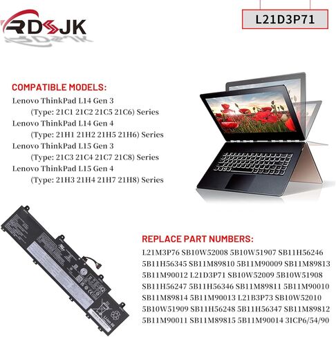بطارية كمبيوتر محمول L21D3P71 L21M3P76 L21B3P73 لأجهزة Lenovo ThinkPad L14 Gen 3 / ThinkPad L14 Gen 4 / ThinkPad L15 Gen 3 / ThinkPad L15 Gen 4 Series 5B10W51907 5B10W51908 5B10W51909 SB11H56246 SB11H56247 in Kuwait