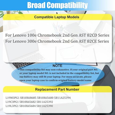 استبدال بطارية L19L3PG1 L19M3PG1 لجهاز Lenovo 100e 300e Chromebook الجيل الثاني AST 82CD 82CE ideapad 3 CB-11AST05 82H4 بطارية كمبيوتر محمول من سلسلة L19C3PG1 SB10X68685 5B10X65684 5B10X65680 47Wh in Kuwait