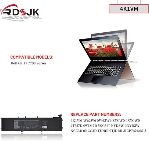 4K1VM Laptop Battery for Dell G7 17 7700 Series W62W6 0W62W6 XYCW0 0XYCW0 9TM7D 09TM7D V0GMT NCC3D 0NCC3D NYD3W 0NYD3W TJDRR 0TJDRR 3ICP7/54/65-2 11.4V 97Wh in Kuwait
