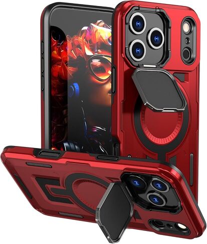 Designed for iPhone 17 Pro Max Case, Full Camera Protection, Built-in Invisible Kickstand, Heavy Duty Rugged Case with Dual-Layer Shockproof, Wireless Charging Compatible (Red) in Kuwait