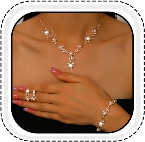 UniCra Pearl Jewelry مجموعة ذهبية حفلة موسيقية رسمية أقراط سوار مجموعات مجوهرات الزفاف من راينستون الزفاف للنساء والعرائس in Saudi Arabia
