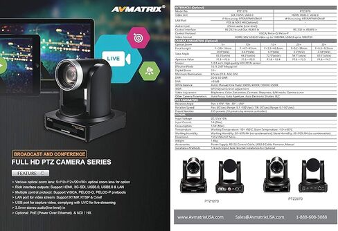 LILLIPUT AVMATRIX PTZ1270-30X Full HD PTZ Camera (30x Optical Zoom) Broadcast and Conference Full HD PTZ Camera for Live Streaming with Remote Control and Mount Bracket in Kuwait