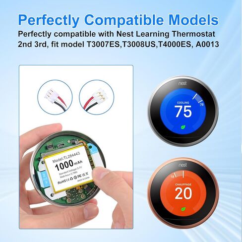TL284443 Battery, 2026 Upgraded 1000mAh Inner Li-Ion Battery Replacement for Google Nest Learning Thermostat 2nd /3rd Gen, Model T3007ES, T3008US, T4000ES, A0013, with Repair Tools (TL284443,1Pack,A) in Kuwait