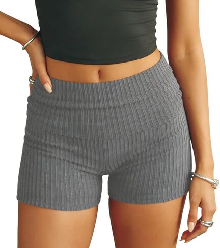 Luckinbaby Women Fold Over Knitted Shorts Mid Rise Stretchy Yoga Rollover Shorts Slim Fit Cute Lounge Shorts in Saudi Arabia