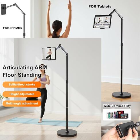 66“ Floor stand articulating arm with adjustable , Minimalist Design, Space-Saving, Highly Flexible,For Watching/Stream/Recording ON Bed&Couch, for iPad Pro 12.9"/Kindle/iPhone,4.5-13" Tablet/Phone in Kuwait