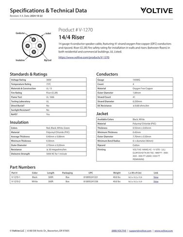 Voltive 14/4 Speaker Wire, Riser CL3R, White, 500ft - 14AWG, 4 Conductors, Stranded Oxygen-Free Copper, UL Listed - V-1270-2 in Saudi Arabia