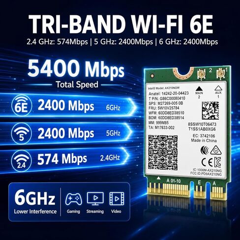 WiFi 6E AX210 NGW Wireless Card, M.2 2230 Laptop WiFi Module with Bluetooth 5.3, Tri-Band 5400Mbps Network Adapter, MU-MIMO, OFDMA, 160MHz, Supports Windows 10/11 64-bit in Kuwait
