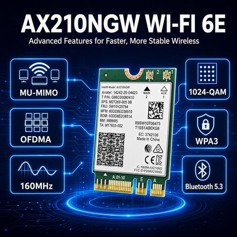 WiFi 6E AX210 NGW Wireless Card, M.2 2230 Laptop WiFi Module with Bluetooth 5.3, Tri-Band 5400Mbps Network Adapter, MU-MIMO, OFDMA, 160MHz, Supports Windows 10/11 64-bit in Kuwait